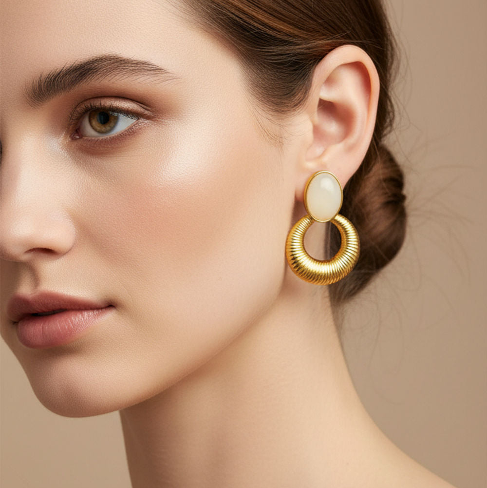 Oval Stone & Textured Gold Drop Earrings