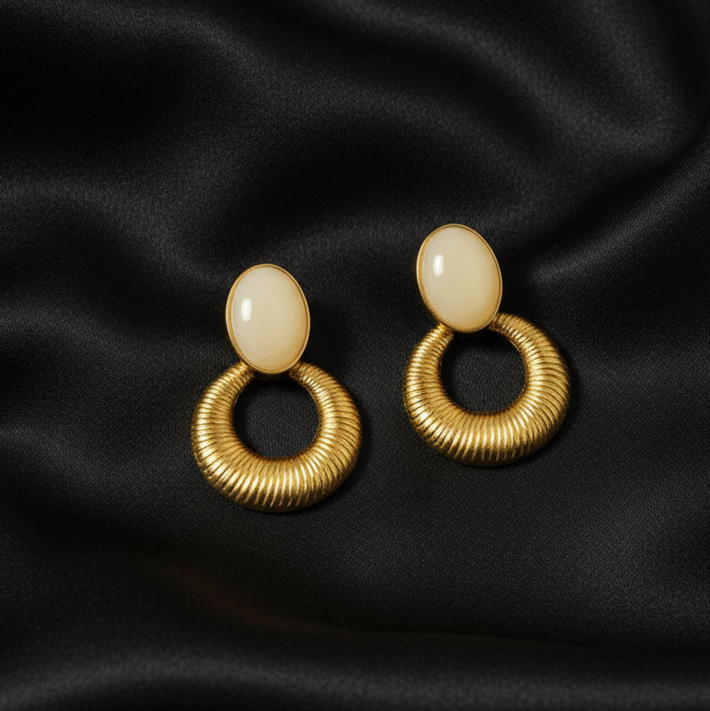 Oval Stone & Textured Gold Drop Earrings