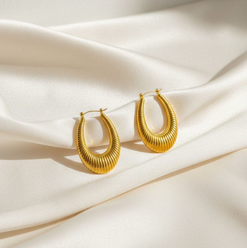 Gold Ribbed Oval Hoops