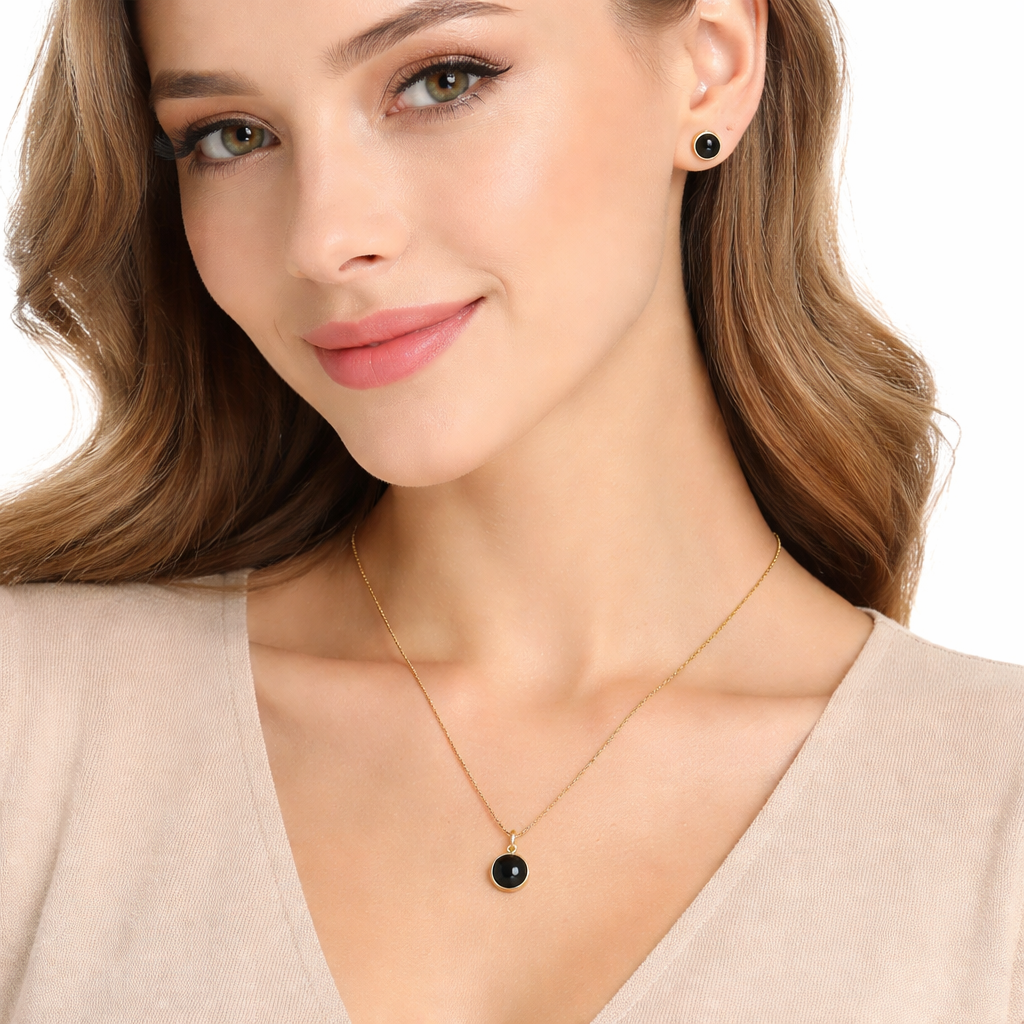 Minimalist Black Stone Necklace With Earrings