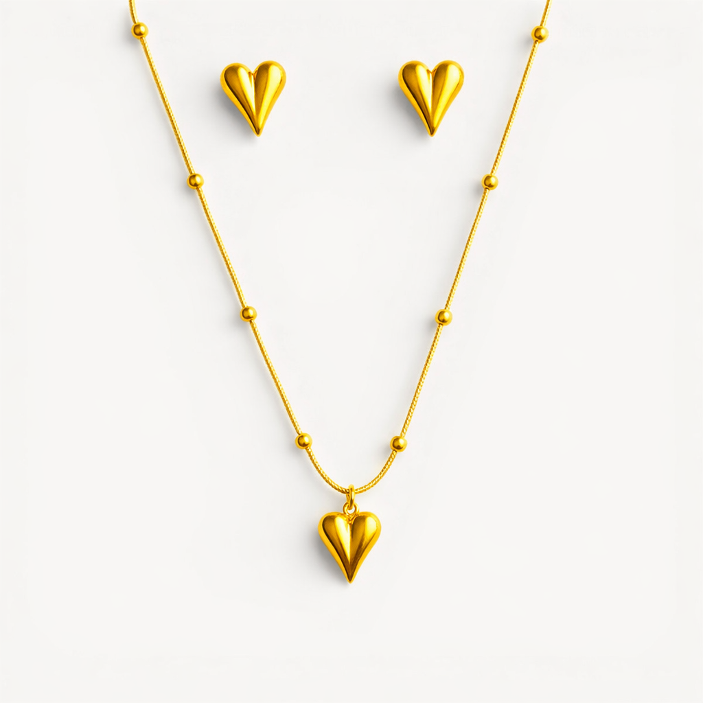 Gold Puffy Heart Necklace With Earrings