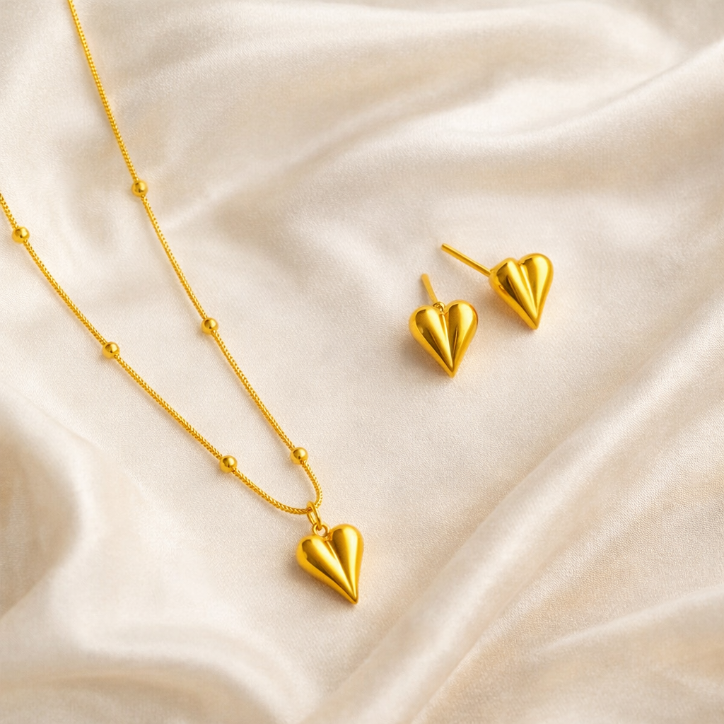 Gold Puffy Heart Necklace With Earrings