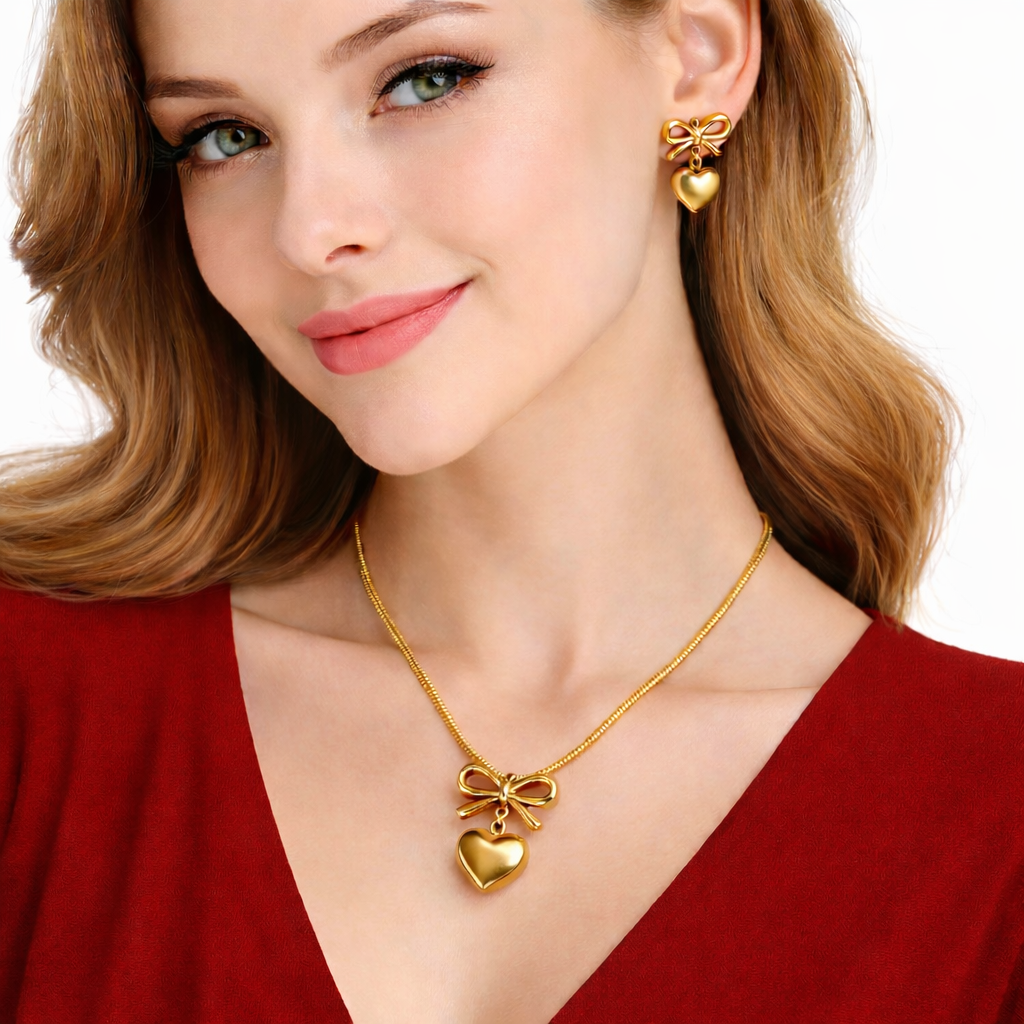 Bow-Heart Necklace With Earrings