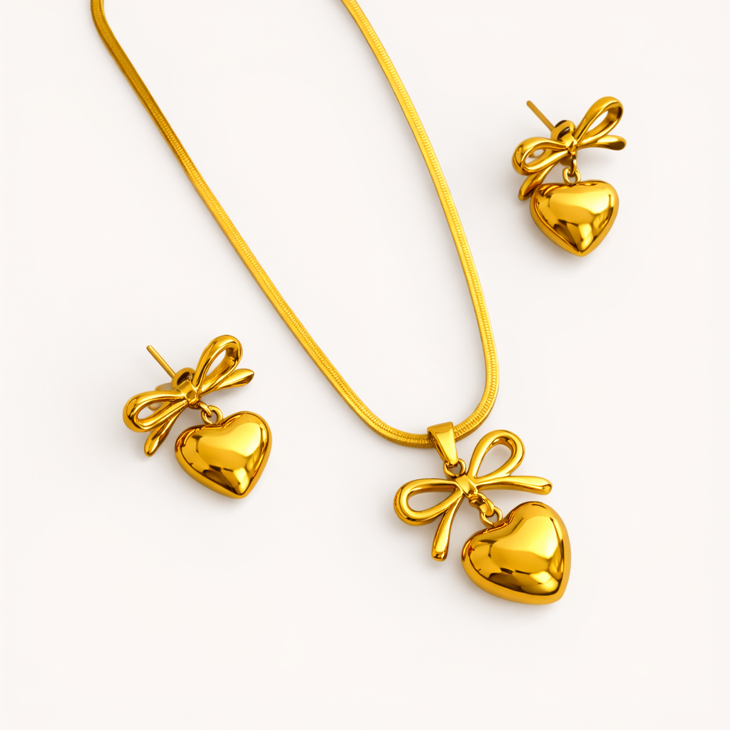 Bow-Heart Necklace With Earrings