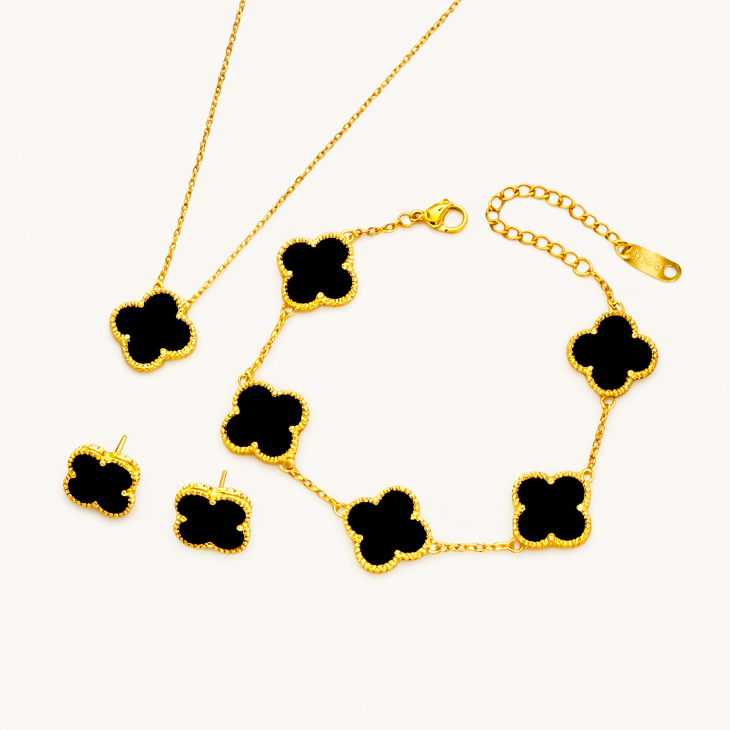 Black Clover Necklace With Earrings and Bracelet