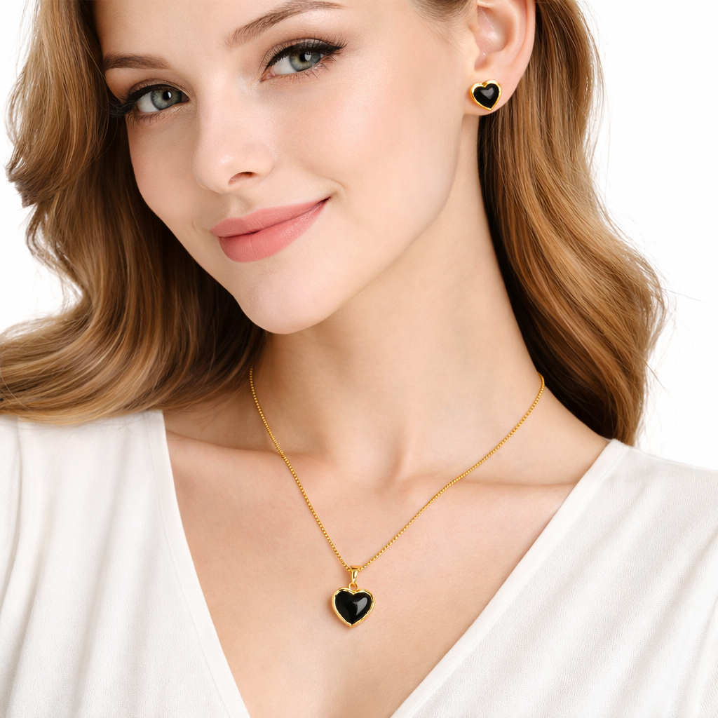 Black Heart Necklace With Earrings