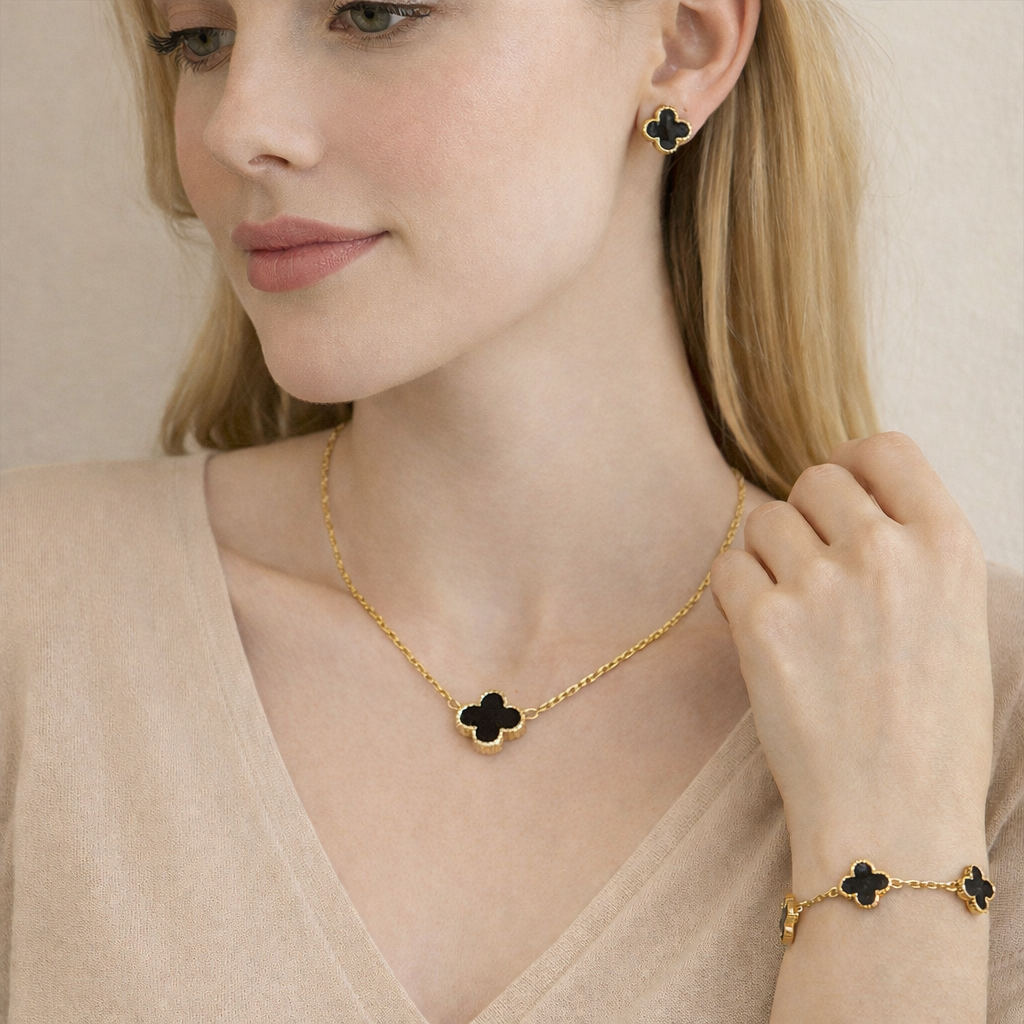 Black Clover Necklace With Earrings and Bracelet