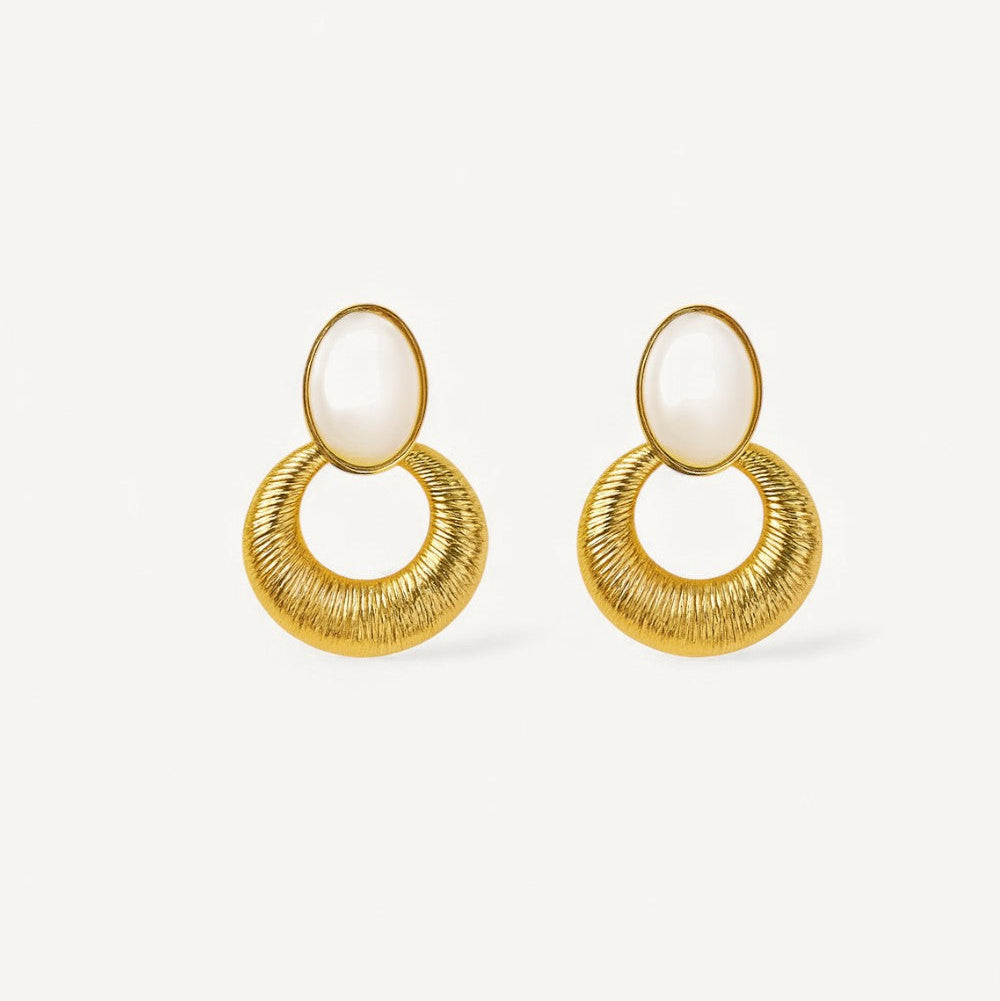 Oval Stone & Textured Gold Drop Earrings