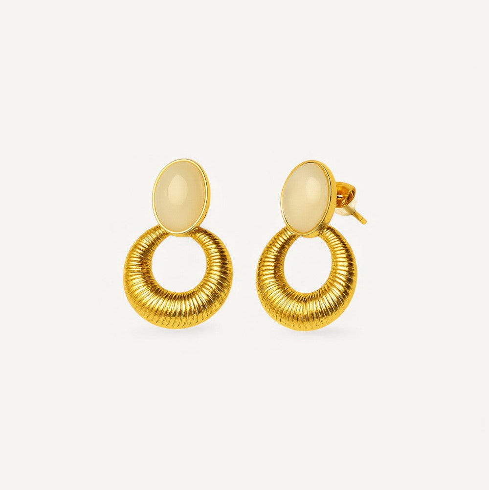 Oval Stone & Textured Gold Drop Earrings