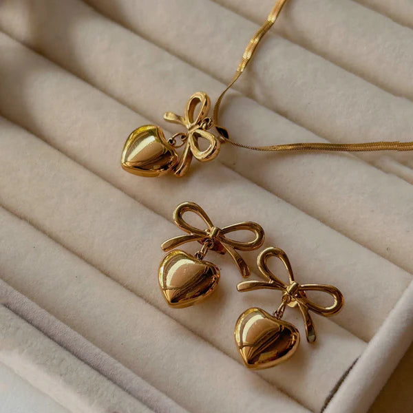 Bow-Heart Necklace With Earrings