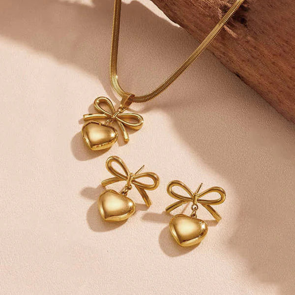 Bow-Heart Necklace With Earrings