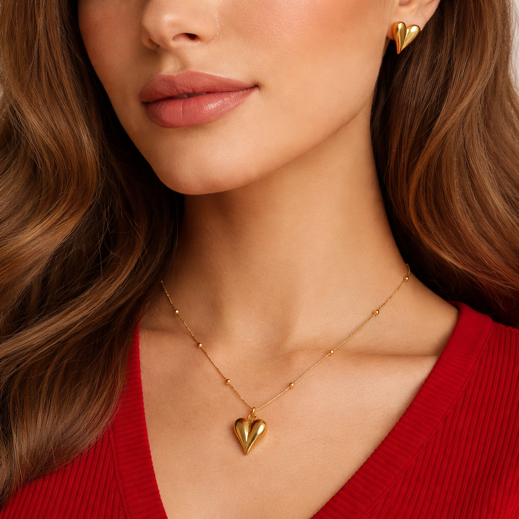 Gold Puffy Heart Necklace With Earrings