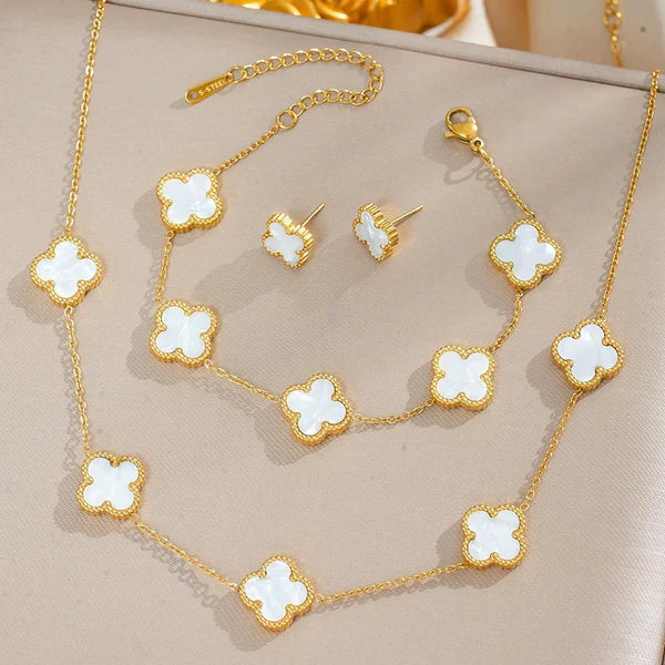 White Clover Jewellery Set With Necklace,Earrings and Bracelet