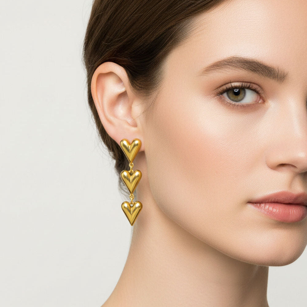 Triple Puffy Heart Dangle Earrings