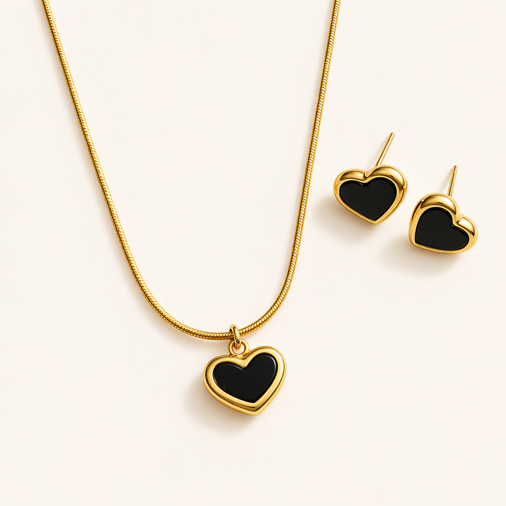 Luna Black Heart Necklace & Studs