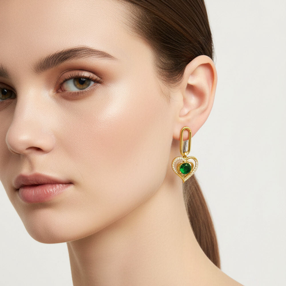 Emerald Green Heart Drops Earrings